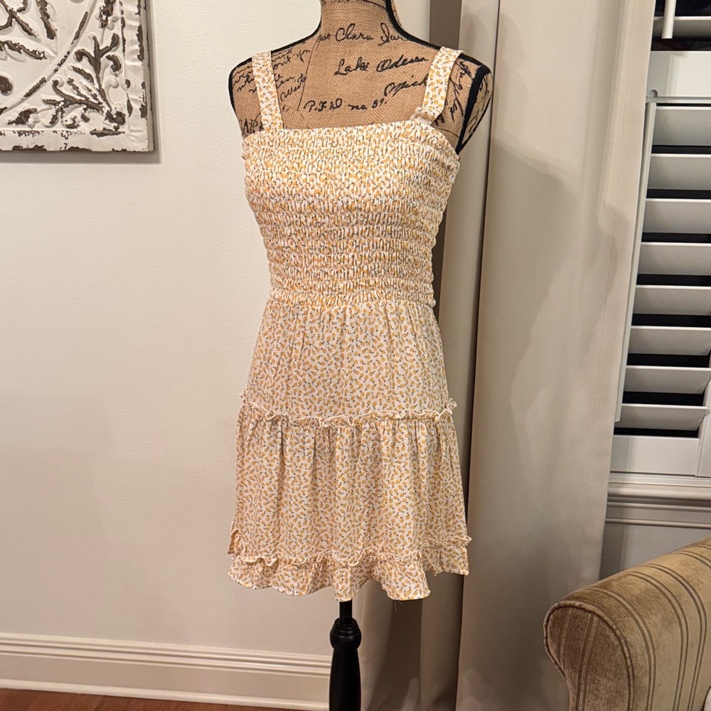 Elegant Yellow Smocked Floral Sun Dress with Ruffles S